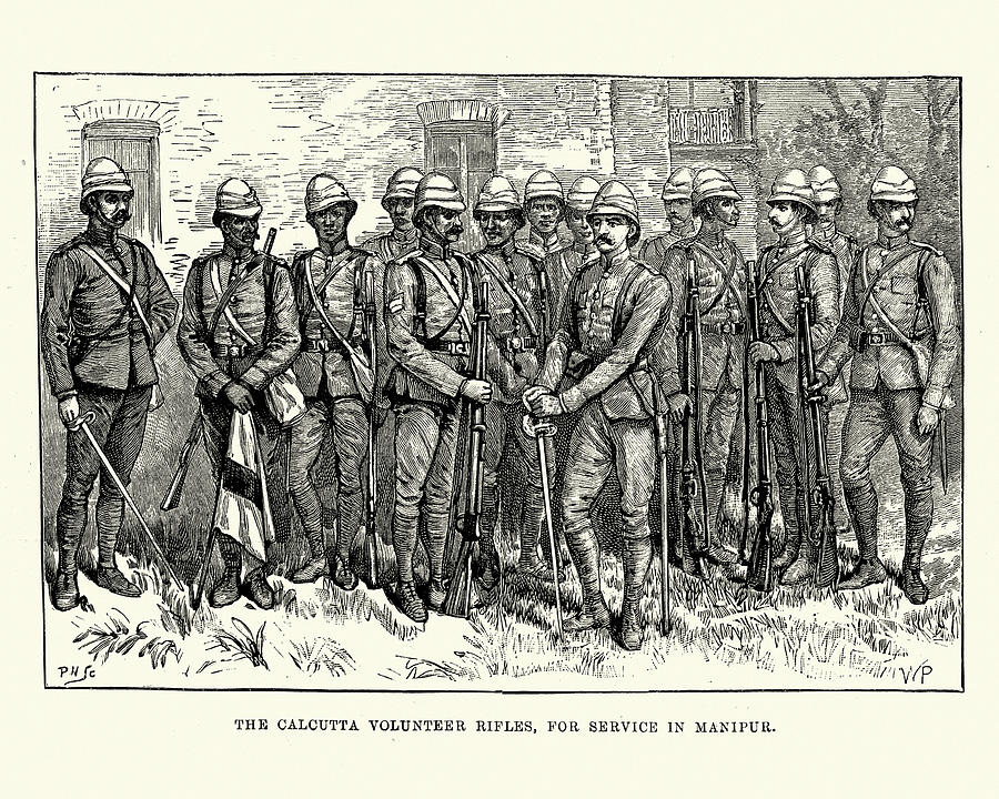 British soldiers of the Calcutta Volunteer Rifles, For service in Manipur, 19th Century Drawing by Duncan1890