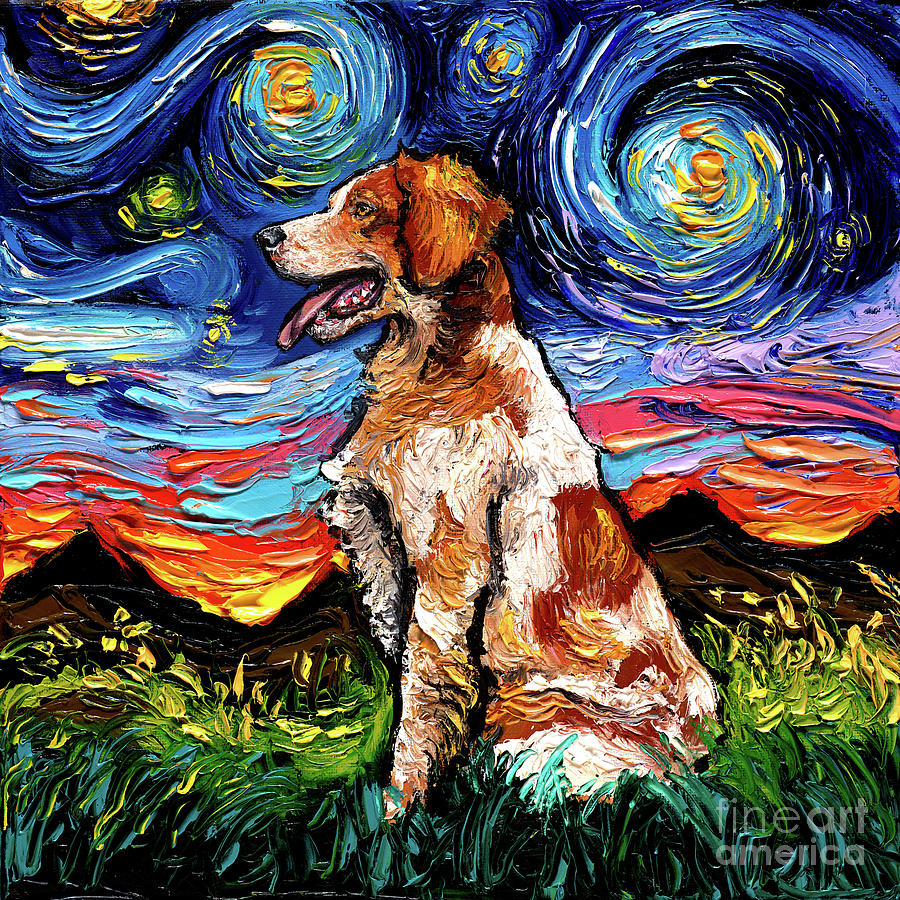 Brittany Spaniel Night Painting by Aja Trier