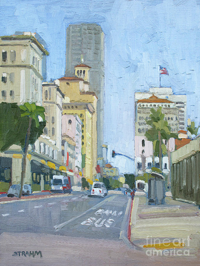 Broadway and 2nd Street - Downtown San Diego, California Painting by Paul Strahm