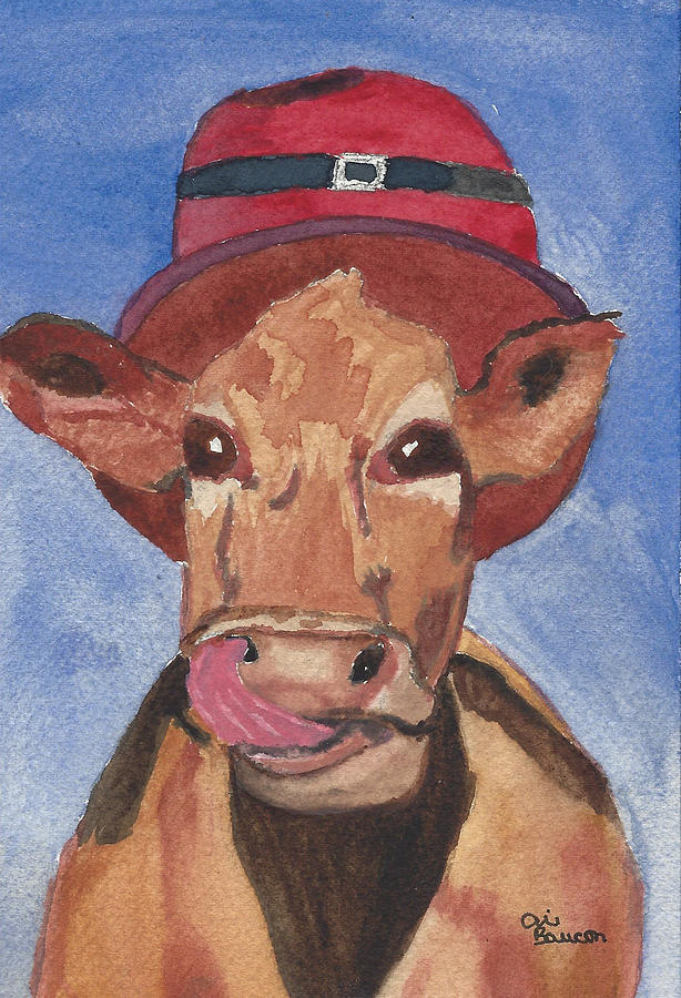 Broadway Bessie Cow Licking its Lips wearing a Red Buckled Hat Painting by Ali Baucom