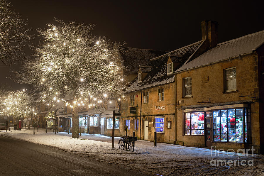 Broadway Christmas Lights in the Snow at Night Photograph by Tim Gainey