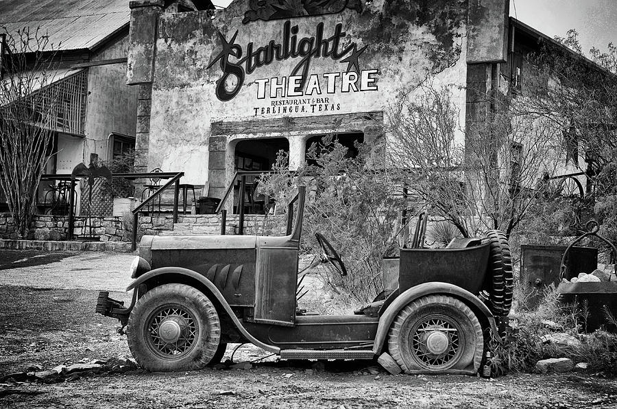 Broken Down Jeep at Starlight Theatre Restaurant Bar in Terlingua West Texas Black and White Photograph by Shawn OBrien