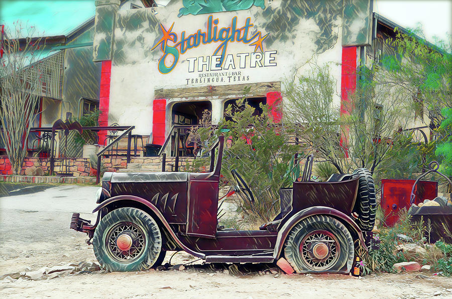 Broken Down Jeep at Starlight Theatre Restaurant Bar in Terlingua West Texas Stylized Digital Art Digital Art by Shawn OBrien