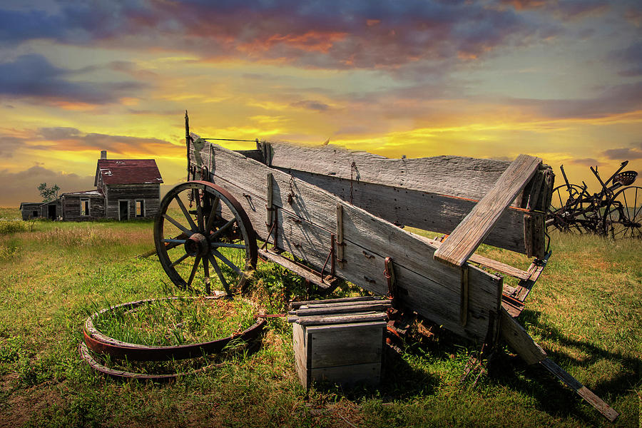 Nature Photograph - Broken Down Wooden Farm Wagon and Rake with Farm House by Randall Nyhof