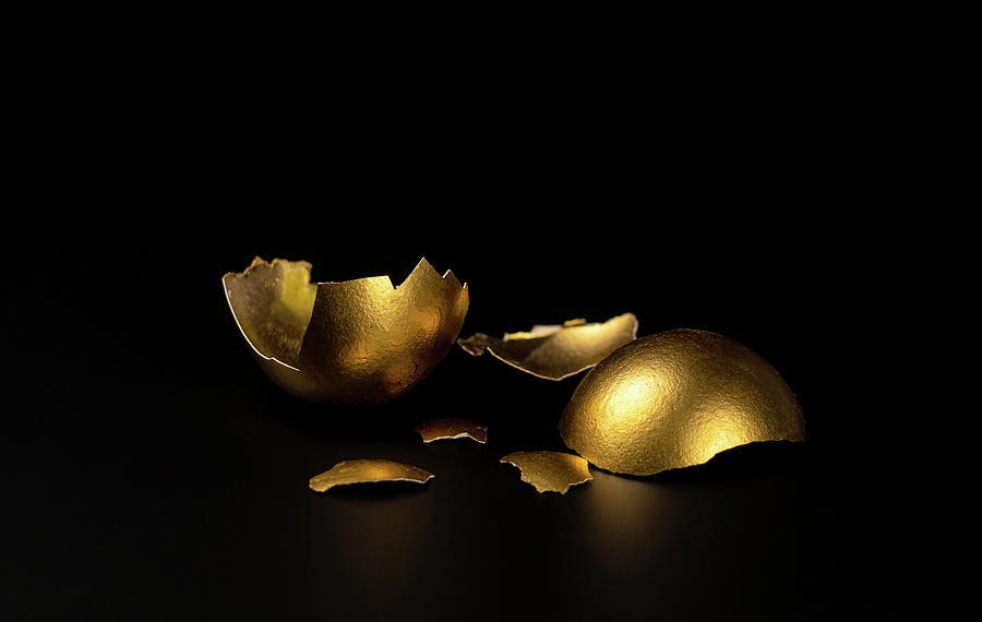 Broken Golden Egg Golden Shell Lying On A Black Background Photograph By Igor Klyakhin