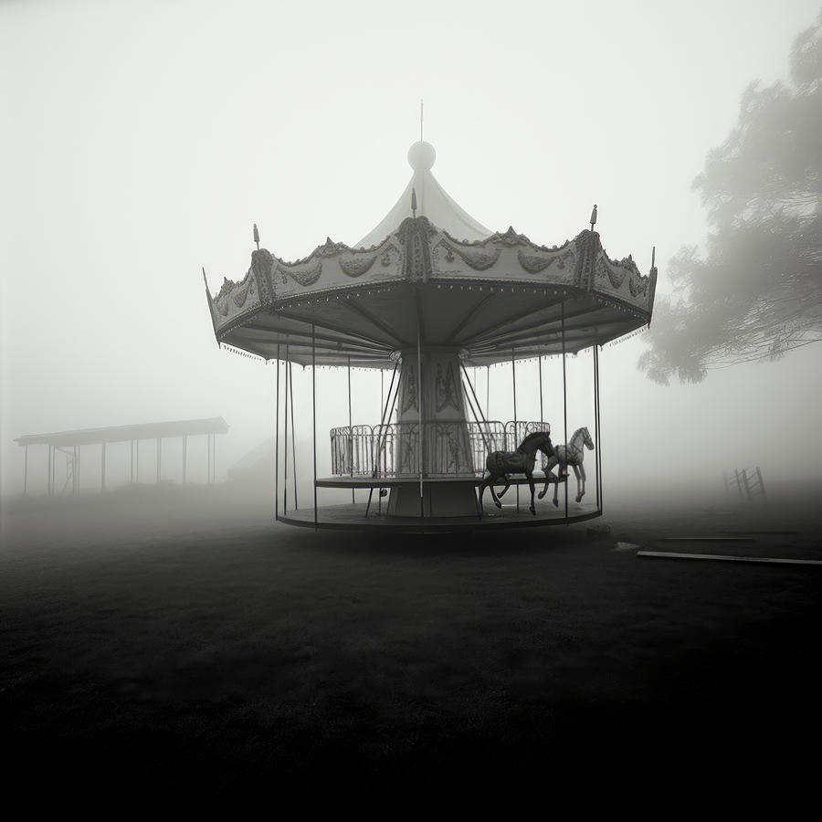 Black And White Digital Art - Broken Merry Go Round in Fog by Yo Pedro