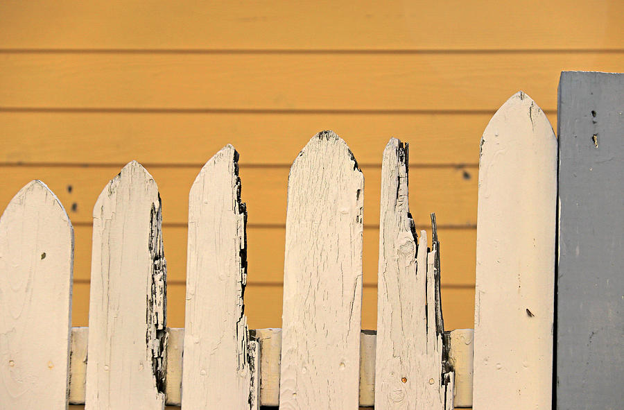 Broken white picket fence against yellow background Photograph by Zen Rial