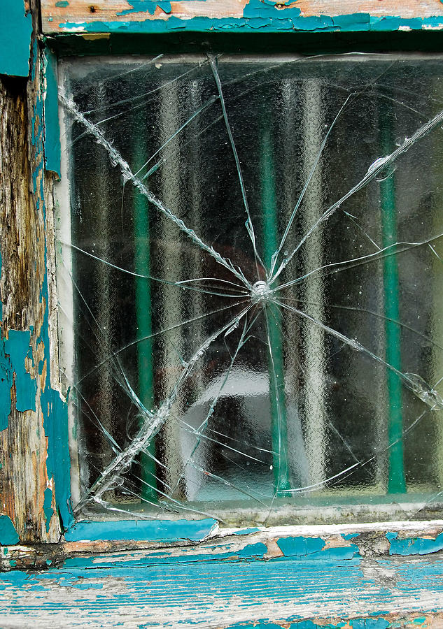 Broken window with blue peeling paint on frame Photograph by Lyn Holly Coorg