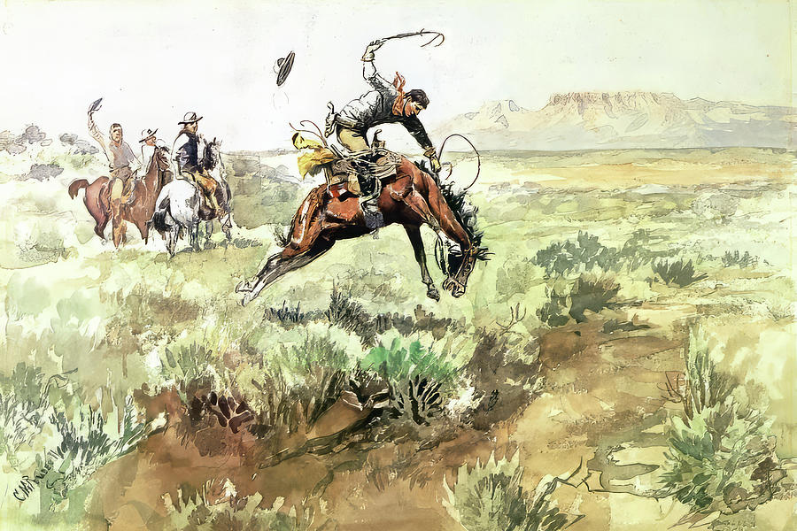 Charles Marion Russell Drawing - Bronco Busting 1895 by Charles Marion Russell
