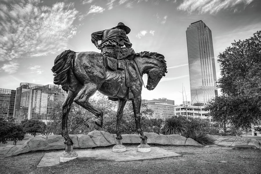 Bronze Cowboy On Horseback In Dallas Pioneer Plaza - Black and White Photograph by Gregory Ballos