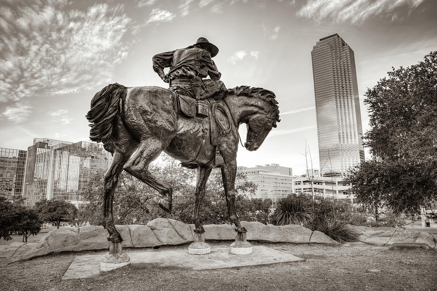 Bronze Cowboy On Horseback In Dallas Pioneer Plaza - Sepia Edition Photograph by Gregory Ballos