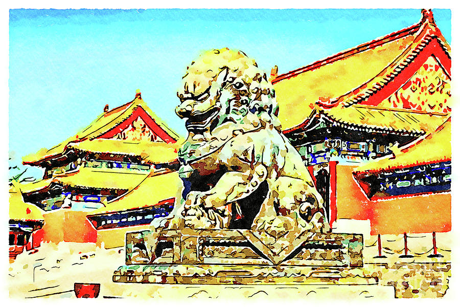 Lion Photograph - Bronze Lioness, Forbidden City, Beijing, Watercolor by Colin and Linda McKie