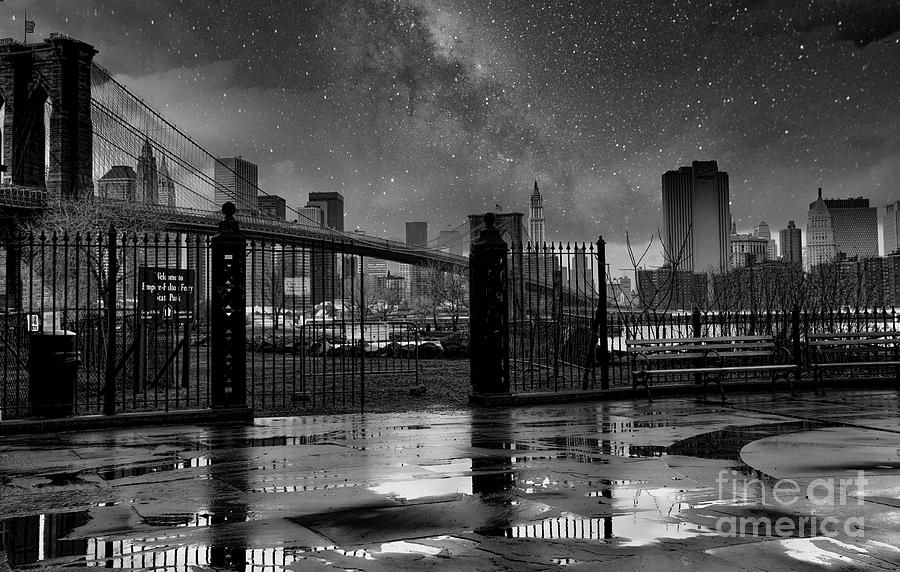 Brookly Bridge Rain Storm Galaxy Sky Digital BW Photograph by Chuck Kuhn