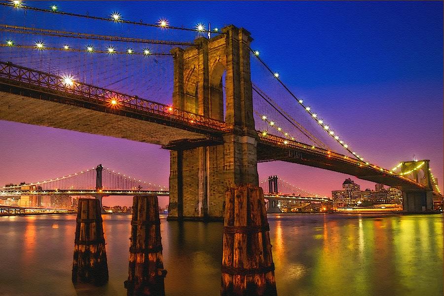 Brooklyn Bridge At Night With Reflections In The Water L B Digital Art ...