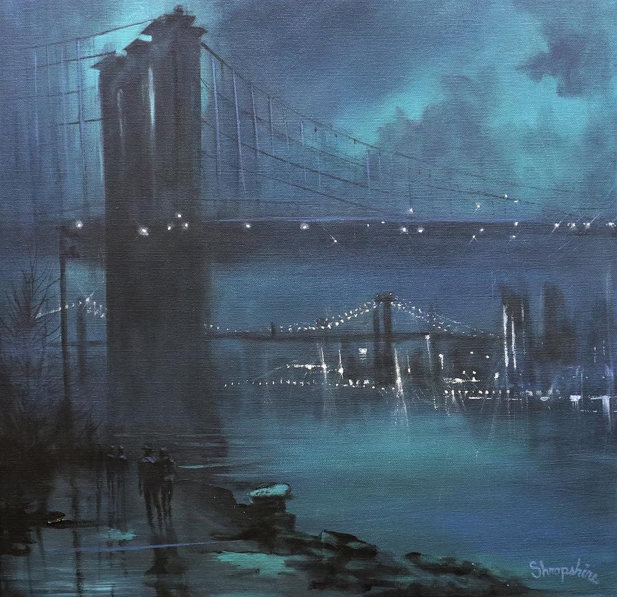 Brooklyn Bridge In Fog Painting by Tom Shropshire