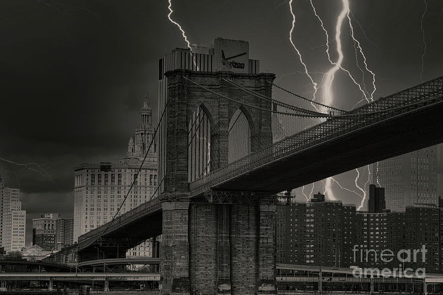 Brooklyn Bridge Lightning BW Photograph by Chuck Kuhn