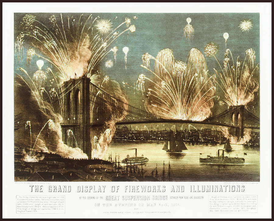 Brooklyn Bridge Photograph - Brooklyn Bridge New York City Firework Display 1883 by Currier and Ives
