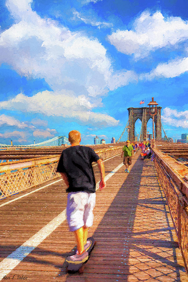 Brooklyn Bridge Skateboarder Mixed Media by Mark Tisdale