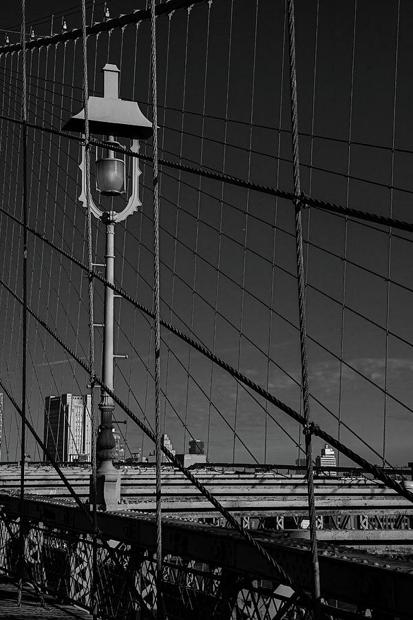 Brooklyn Bridge Streetlamp Black and White Photograph by David Smith