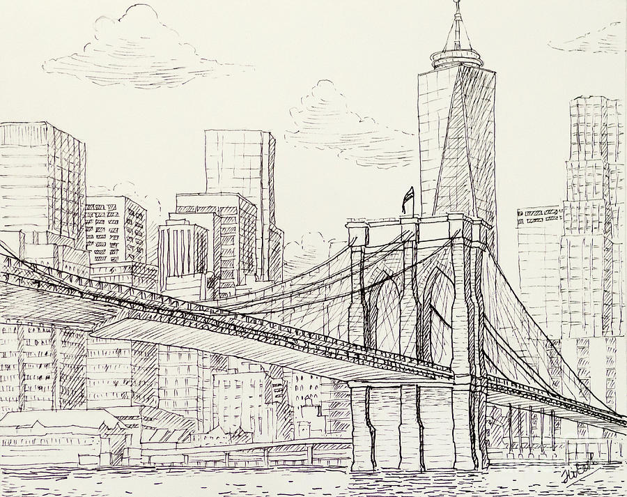 Brooklyn Bridge Drawing by Tesh Parekh
