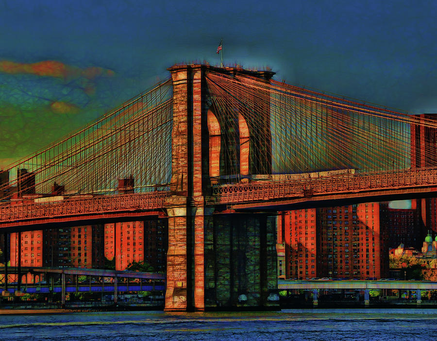 Brooklyn Bridge Tower At Sunset - Photopainting Photograph