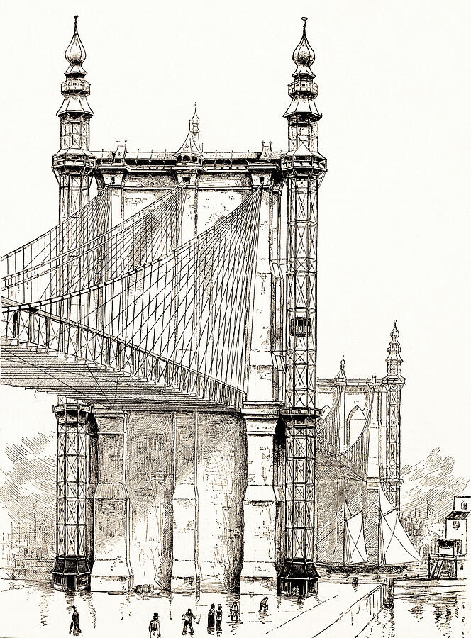 Brooklyn Bridge Towers - 1886 Drawing by Frank Leslie