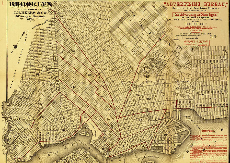 Brooklyn Street Map 1874 Drawing by Vintage Maps | Fine Art America