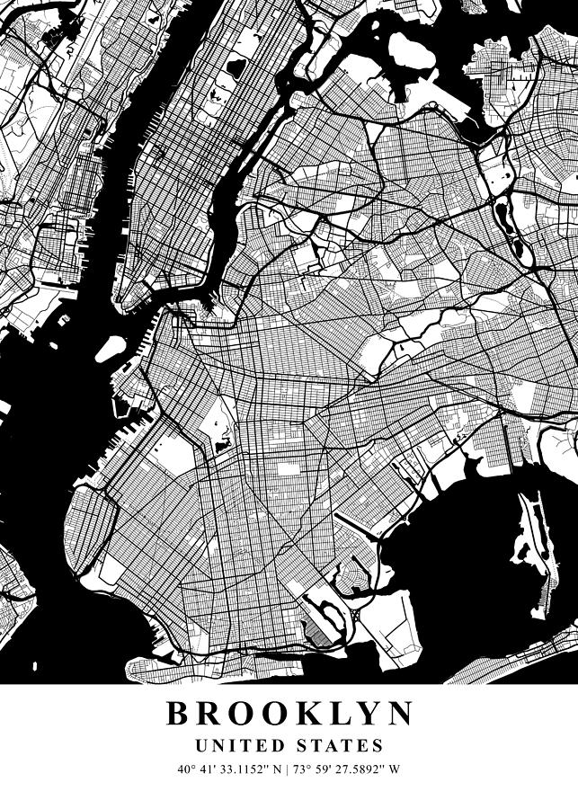 Brooklyn United States White Plane Map Mixed Media by The Map Man ...