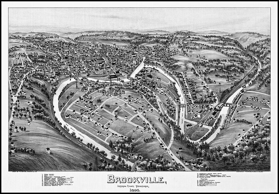 Brookville Pennsylvania Vintage Map Birds Eye View 1895 Black and White ...