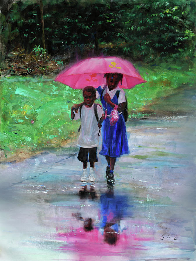 Brother and Sister with Umbrella Painting by Jonathan Gladding JAG ...