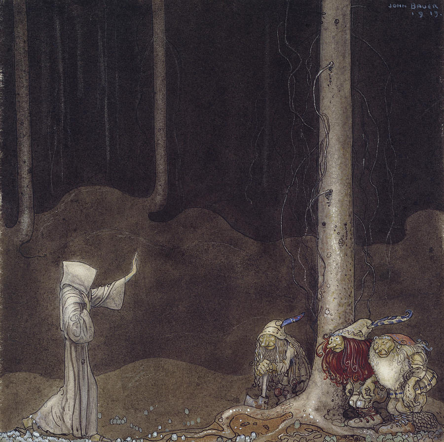 Brother St Martin and the Three Trolls Drawing by John Bauer