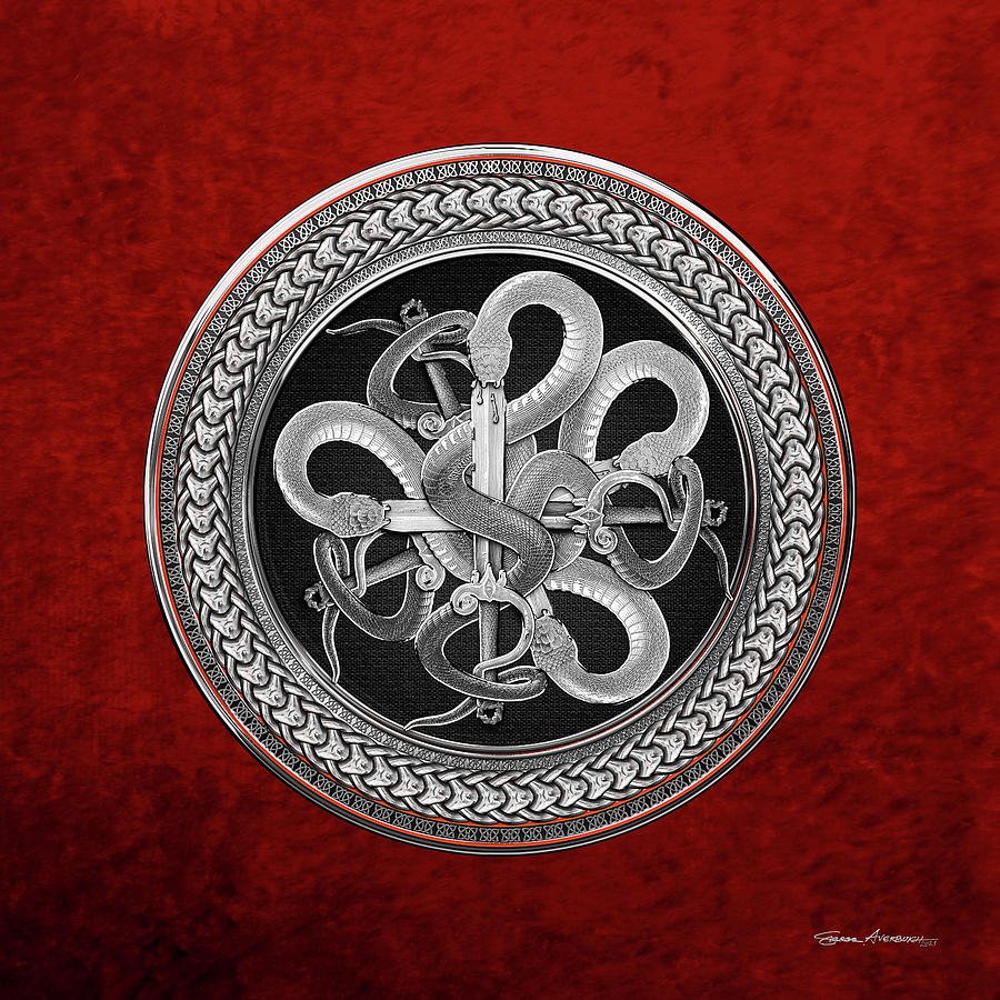 Brotherhood of the Serpent - Silver Snakes Biting Crossed Swards on Red Velvet Digital Art by Serge Averbukh