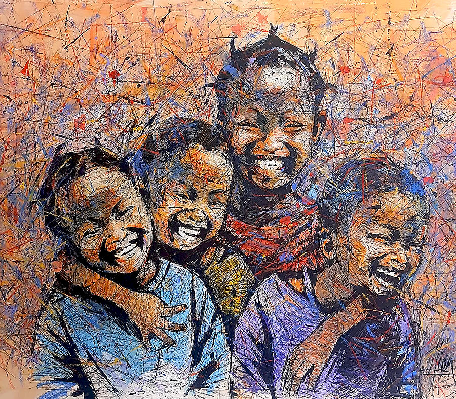 Brothers And Sisters Painting by Jerry Lion Motau