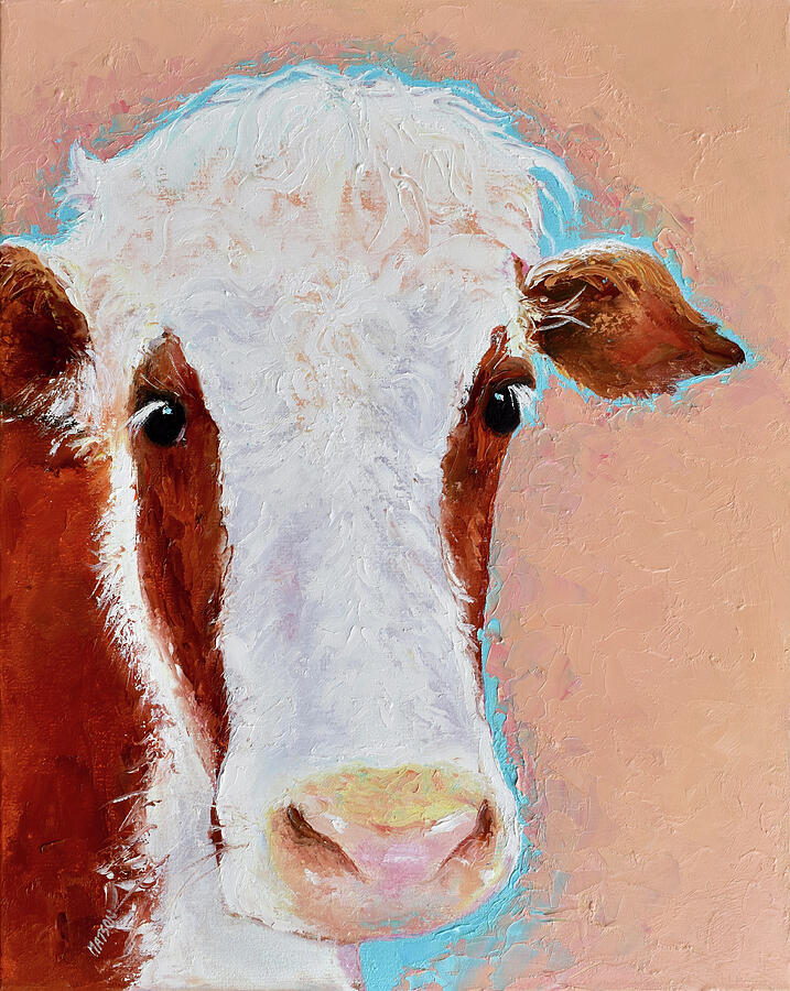 Brown and white cow on a peach background Painting by Jan Matson