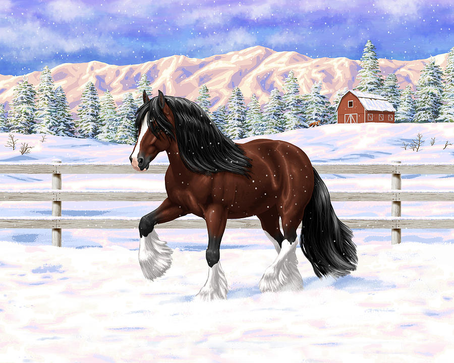 Horse Painting - Brown Bay Gypsy Vanner Draft Horse In Snow by Crista Forest