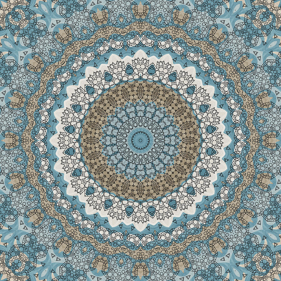 Brown Beige Blue Gray Mandala Kaleidoscope Medallion Flower Mixed Media by Mercury McCutcheon
