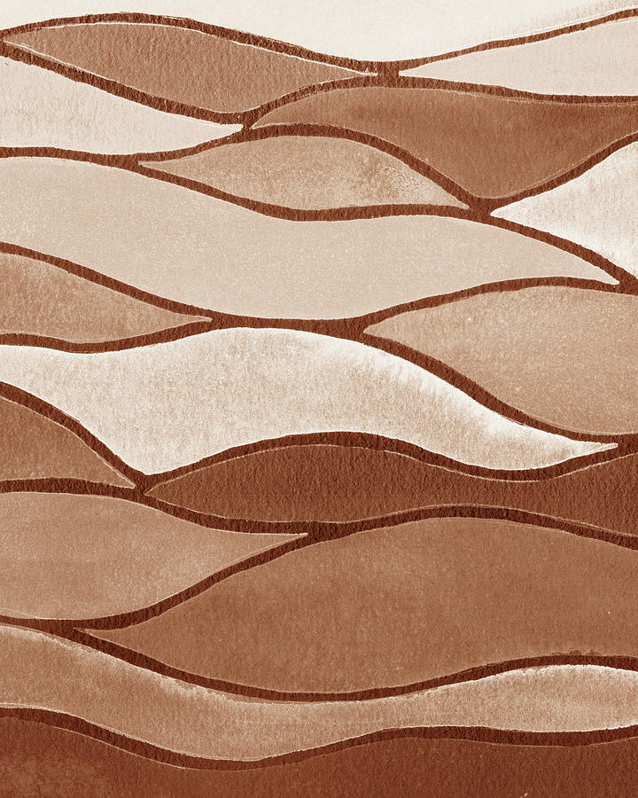 Brown Beige Organic Watercolor Batik Landscape With Hills Painting