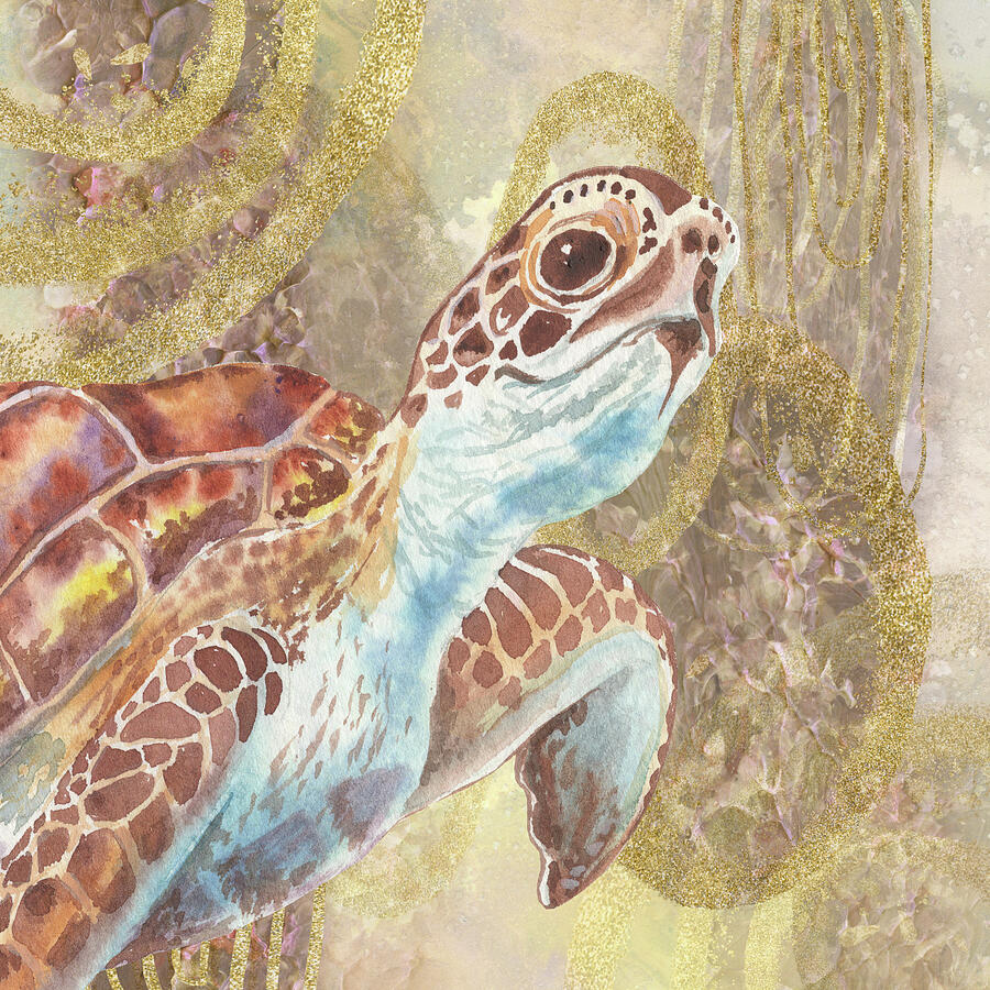 Brown Beige Watercolor Turtle And Golden Bubbles Art Decor  Painting by Irina Sztukowski