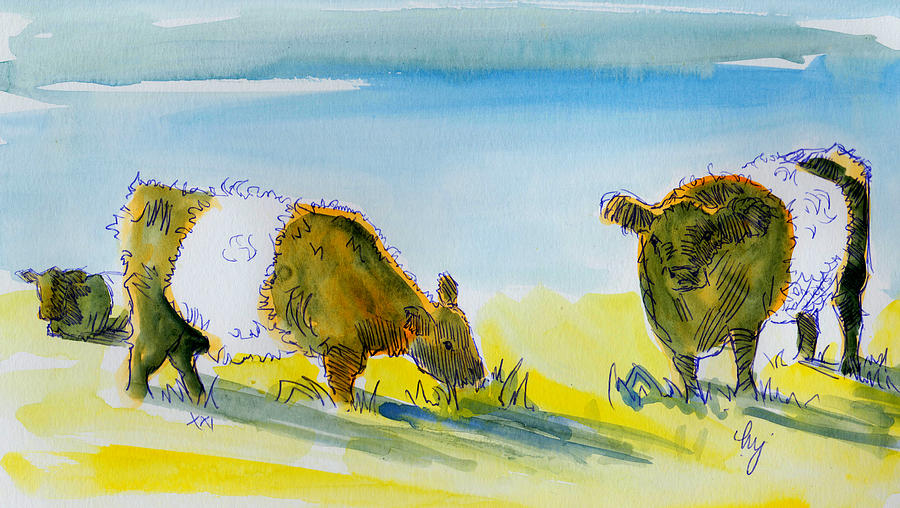 Brown Belted Galloway cows painting Painting by Mike Jory