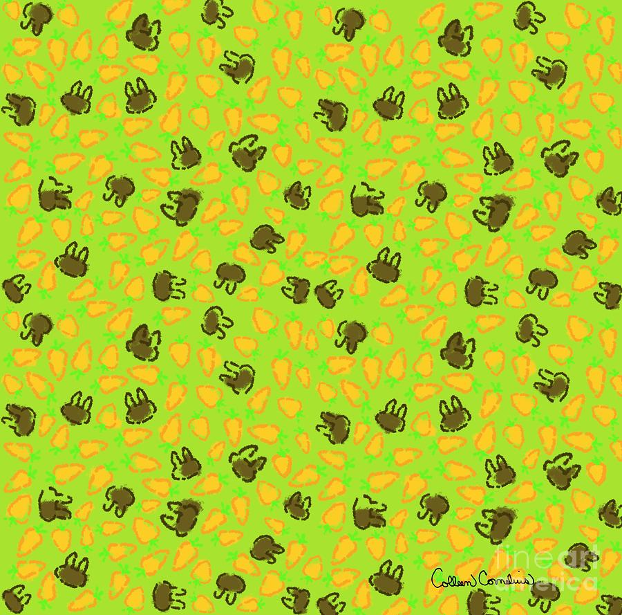 Brown Bunnies and Orange Carrots on Easter Grass Green Digital Art by Colleen Cornelius
