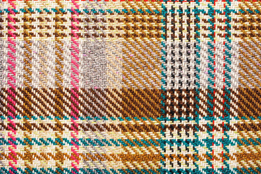 Brown Checkered Fabric With Colored Threads. Scottish Wool. Close-up. Background Photograph