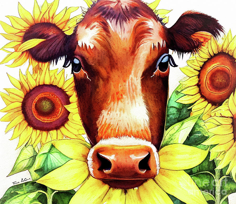 Brown Cow In The Sunflowers Painting