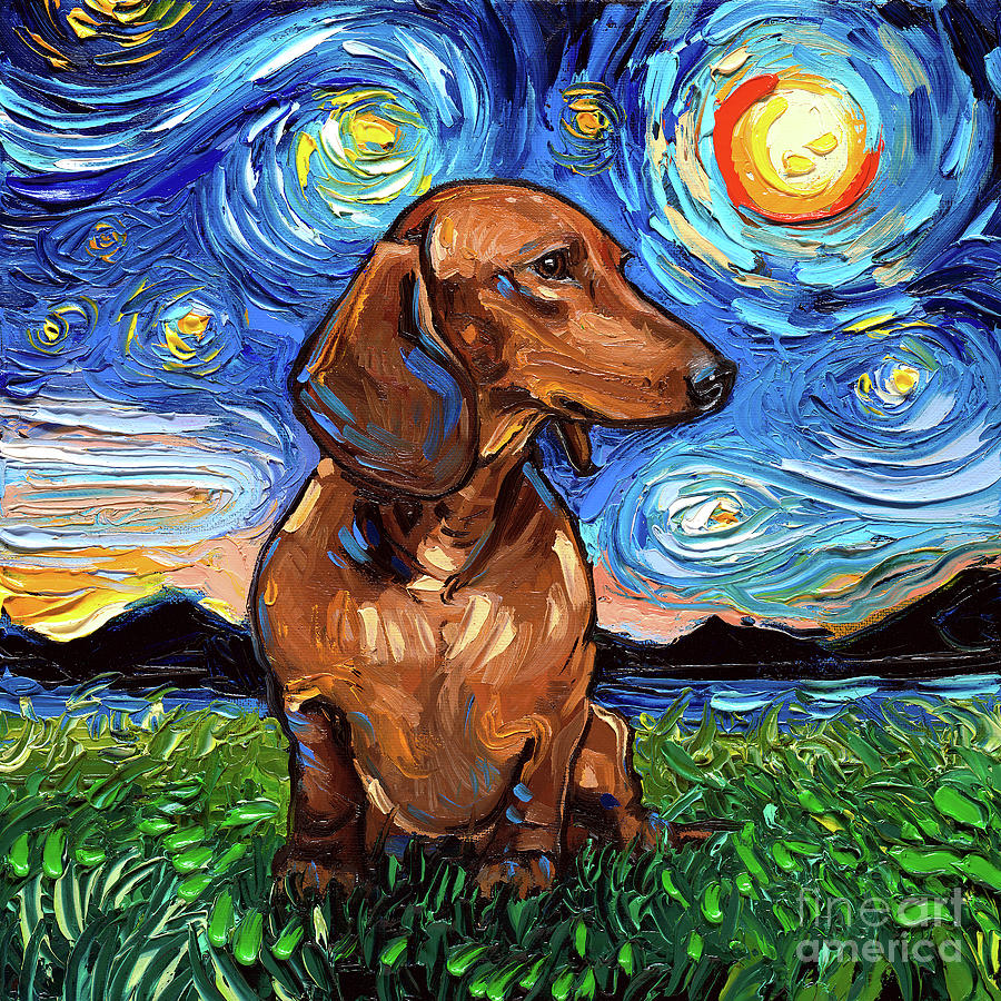 Brown Dachshund Night Painting by Aja Trier