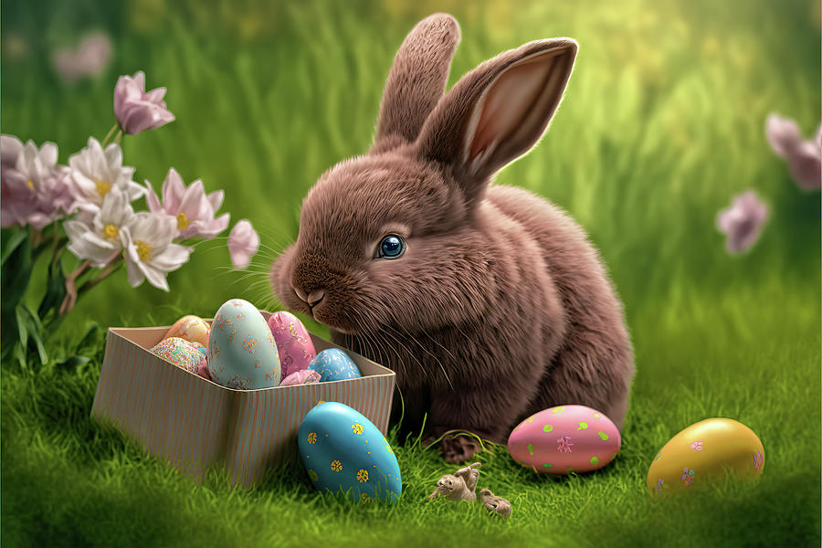 Brown Easter Bunny with Colorful Easter Eggs Digital Art by Jim Vallee