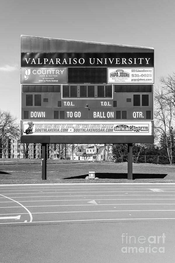Brown Field Scoreboard Valparaiso University Black and White Pho Photograph by Paul Velgos