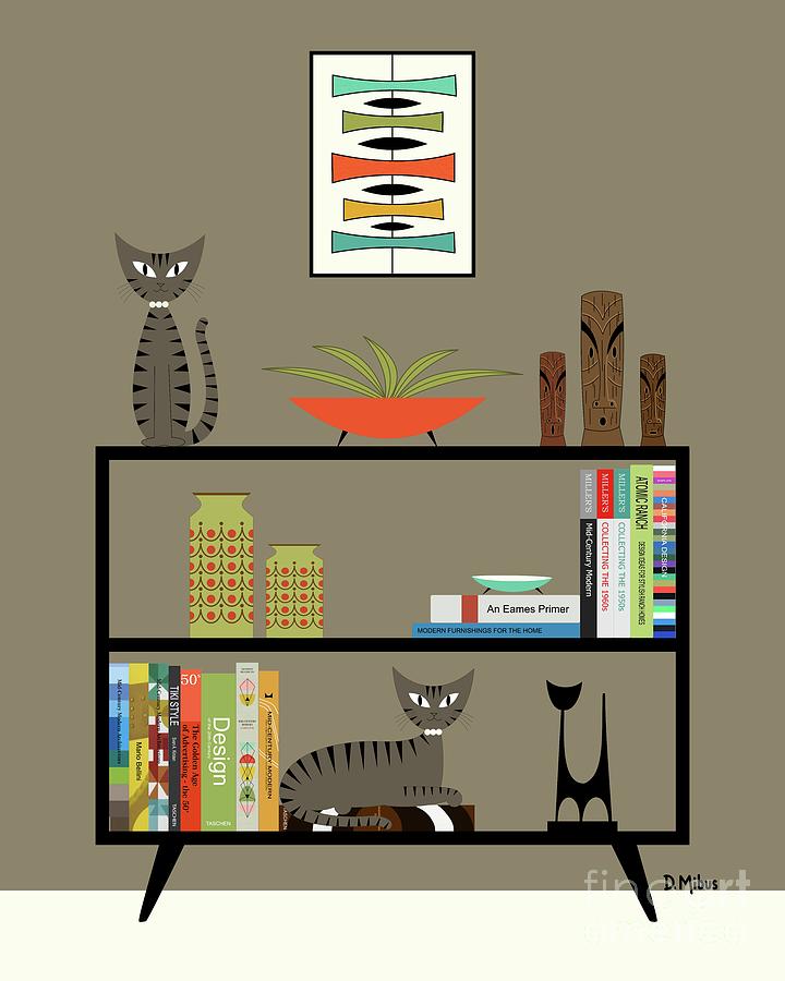 Brown Gray Tabby Cats on Bookcase Digital Art by Donna Mibus