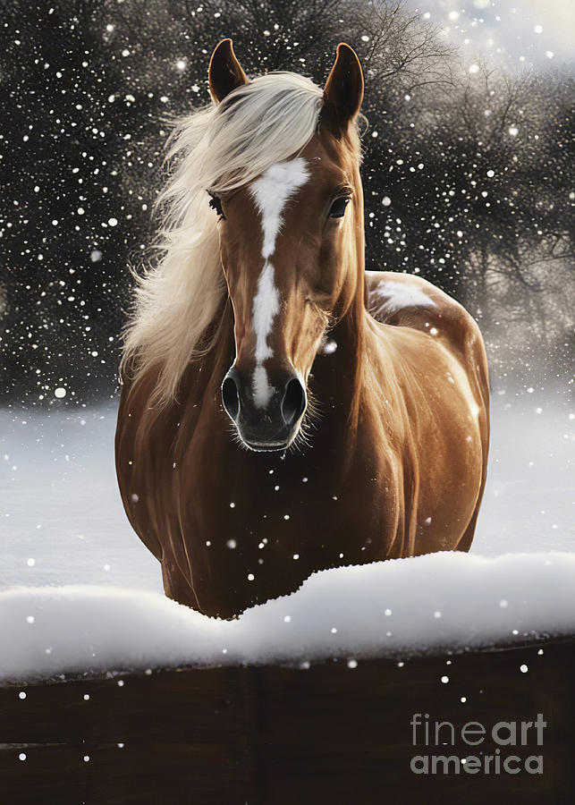 Brown Horse with Flaxen Mane in the Snow Mixed Media by Stephanie Laird