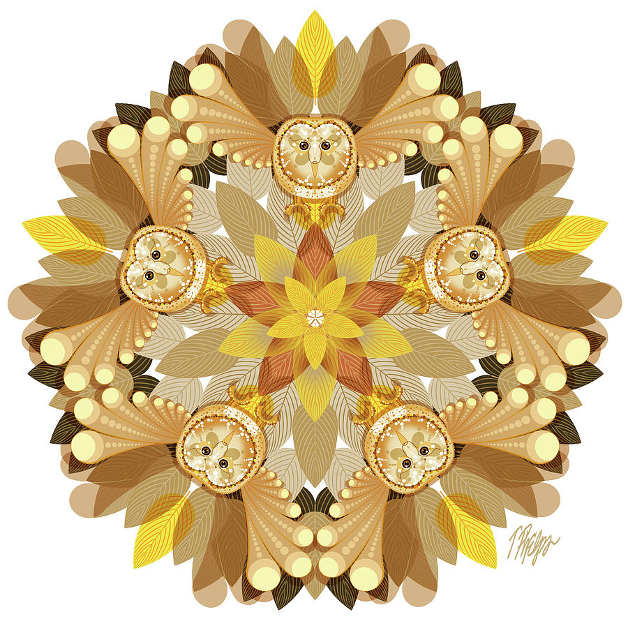 Brown Leaf Barn Owl Nature Mandala Digital Art by Tim Phelps