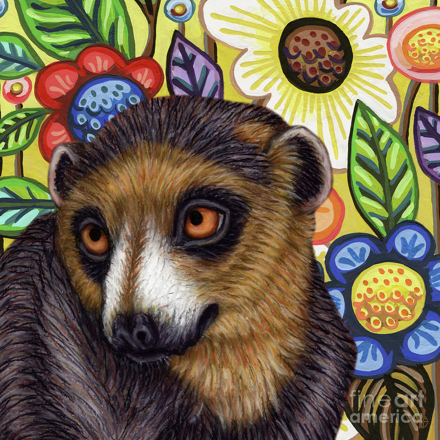 Brown Lemur Floral Painting by Amy E Fraser