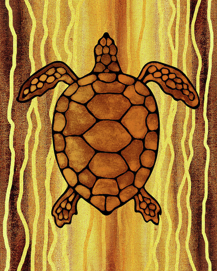 Brown Sea Turtle In Yellow Sea Batik Style Painting by Irina Sztukowski